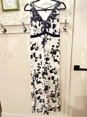 BAMBOO White Maxi Dress with Black Floral Lace Trim